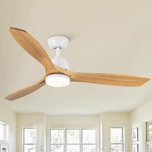 Modern 52 in. Indoor/Outdoor Integrated White Solid Wood Ceiling Fan with Light, Remote and 3 Yellow Wood Grain Blades