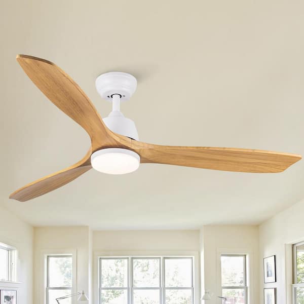 YUHAO Modern 52 in. Indoor/Outdoor Integrated White Solid Wood Ceiling Fan with Light, Remote and 3 Yellow Wood Grain Blades