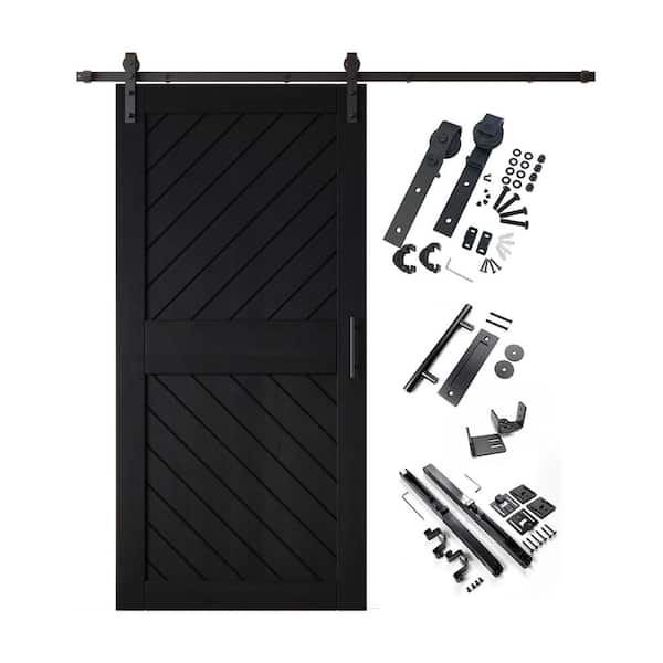 HOMACER XT3 40 in. x 84 in. C-Panel Black Slanted Stripe Design Solid Pine Wood Sliding Barn Door with Hardware Kit