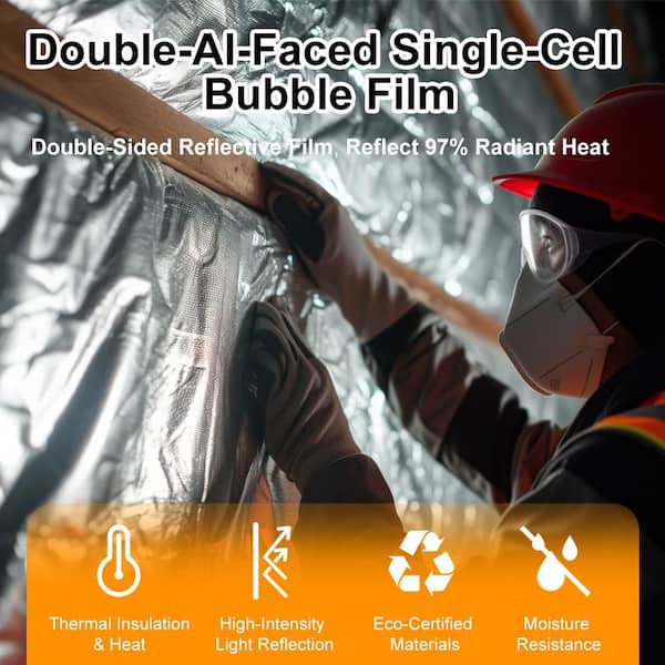 48 in. x 25 ft. Radiant Barrier Fire-Resistance Double-Sided Aluminum Foil Single Bubble Film Reflective Insulation