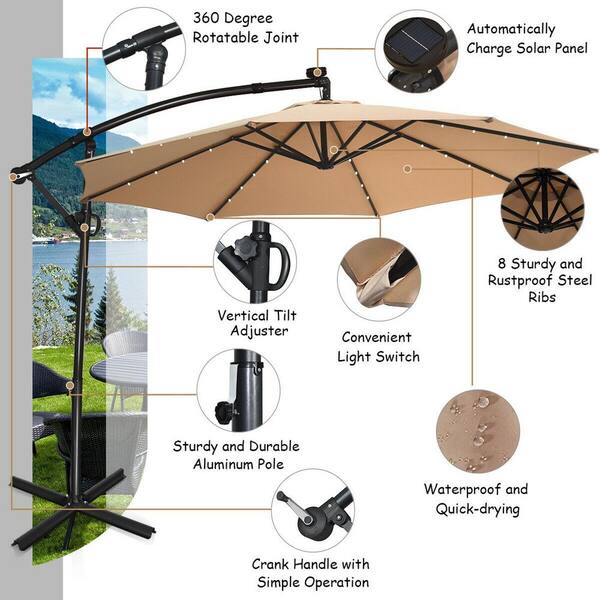 WELLFOR 10 ft. Aluminum Cantilever Solar Tilt Patio Umbrella in Beige with  LED Lights and Stand HWY-#OP70282BE - The Home Depot