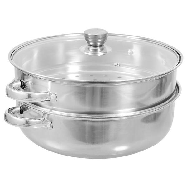 2-Tier 30 cm Stainless Steel Steaming Pot with Glass Lid for Dim Sum Dumplings Vegetables and Seafood