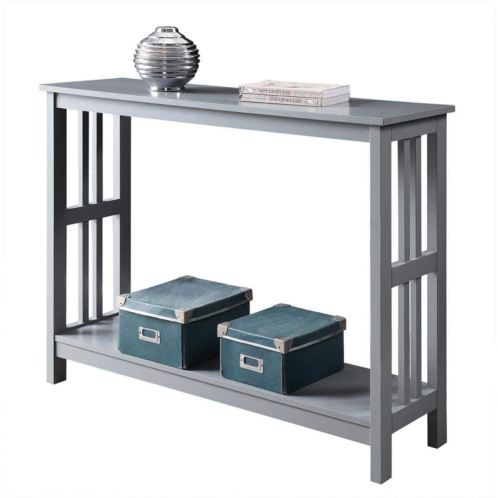 Elegant Gray Mission-Inspired Console Table with Glass Overlay and Storage Shelf
