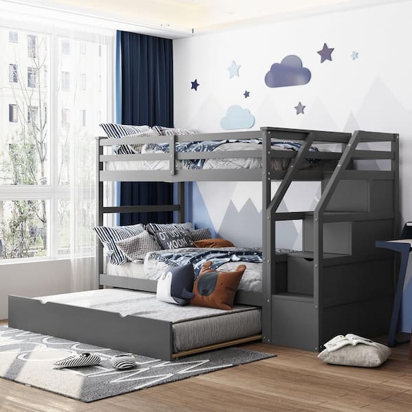 Qualler Gray Twin Over Twin Bunk Bed with Twin Size Trundle and 3-Storage Stairs