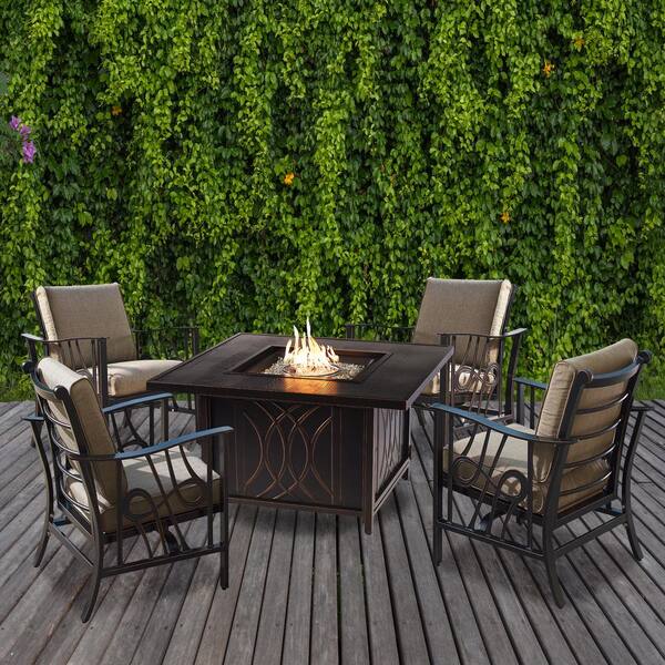 Oakland Living Antique Copper 5-Piece Aluminum Patio Fire Pit Deep Seating Set with Beige Cushions