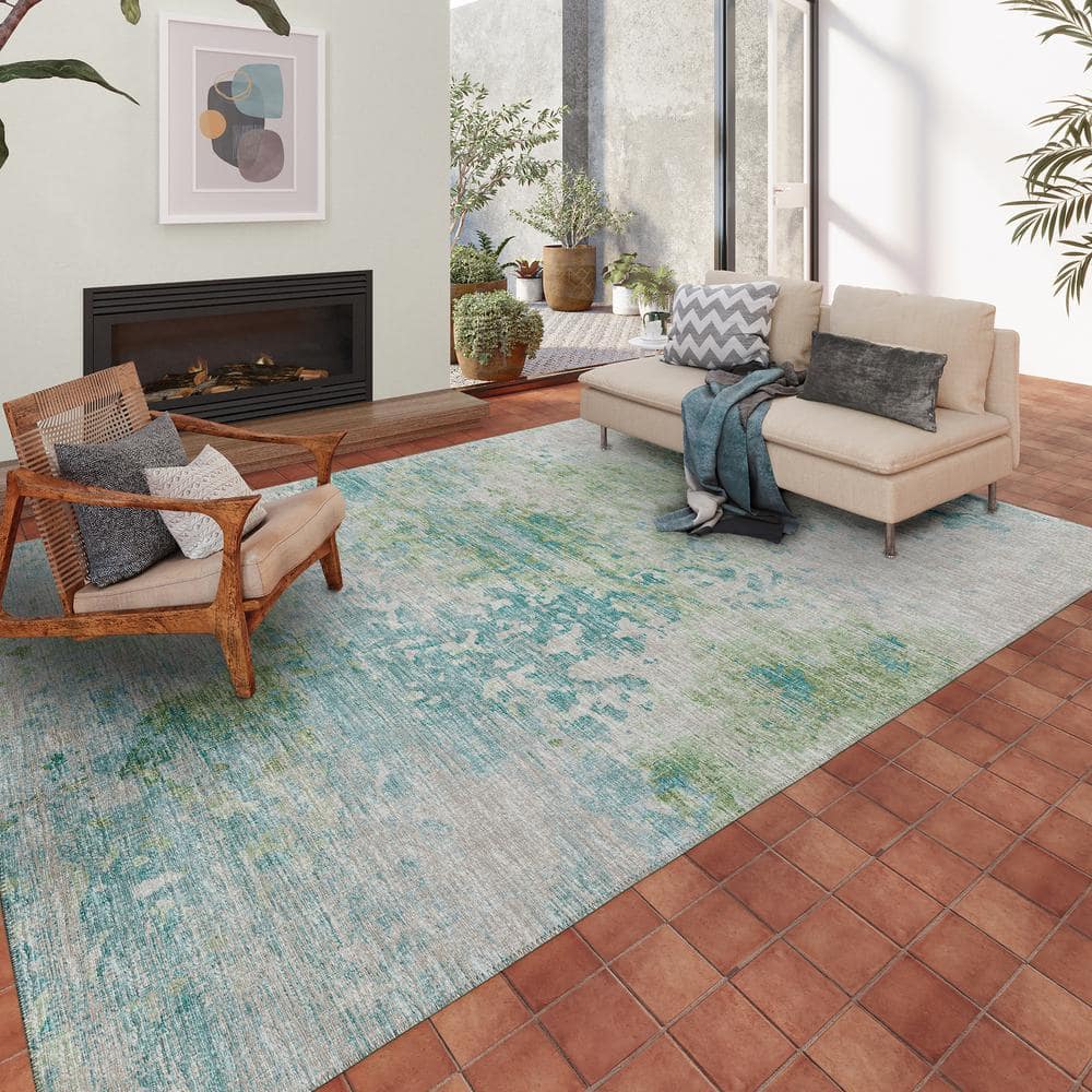 Green and Teal Abstract Chenille 5' x 7' Area Rug