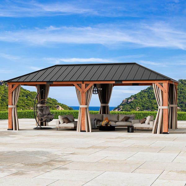 Ultra Series Wood Gazebo 12 ft. x 24 ft. Cedar Framed Wooden Gazebo with Galvanized Steel Roof, Netting and Curtains