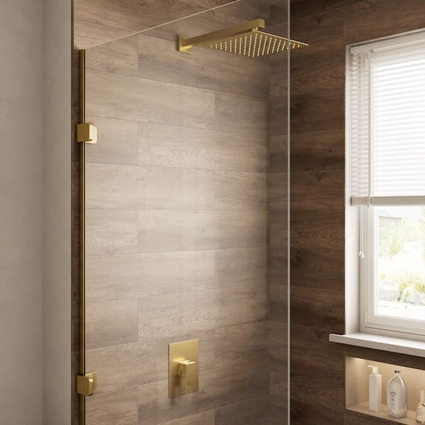 Crozet 1-Spray 1.8 GPM 10 in. Wall Mount Fixed Shower Head Shower Faucet with Pressure Balance in Brushed Gold