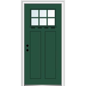 36 in.x80 in. Low-E Glass Right-Hand Craftsman 2-Panel 6-Lite Clear Painted Fiberglass Smooth Prehung FrontDoor w/ Shelf