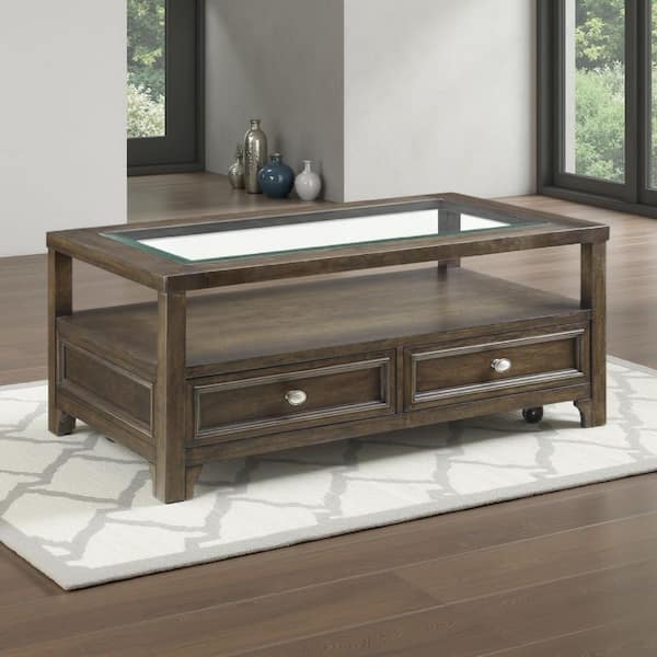Berny 46 in. Charcoal Brown Rectangle Glass Coffee Table with 2 Drawers