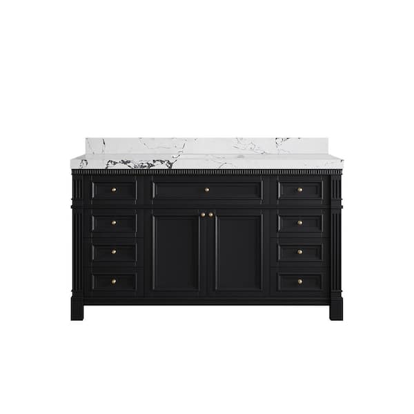 Willow Collections Paris 60 in. W x 22 in. D x 36 in. H Single Sink Bath Vanity in Black with 2 in. Viola Night qt. Top