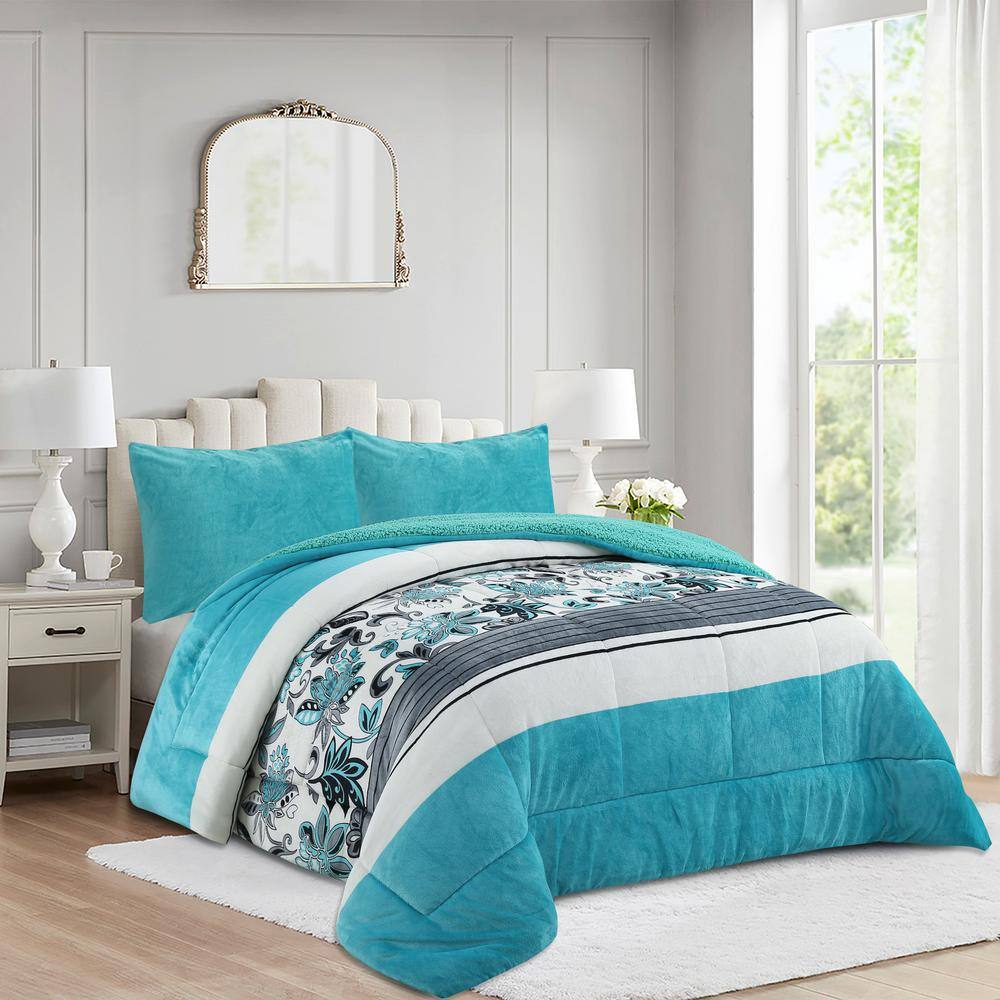 Light Teal Reversible Micromink Sherpa Queen Comforter Set