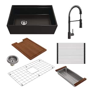 Contempo Step-Rim Matte Black Fireclay 30 in. Single Bowl Farmhouse Apron Front Workstation Kitchen Sink withFaucet