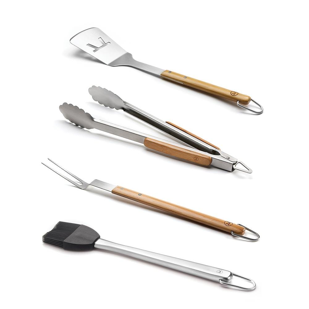 Stainless Steel and Bamboo Grill Tool Set, 4-Piece