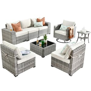 Tahoe Grey 8-Piece Wicker Wide Arm Outdoor Patio Conversation Sofa Set with a Swivel Rocking Chair and Beige Cushions