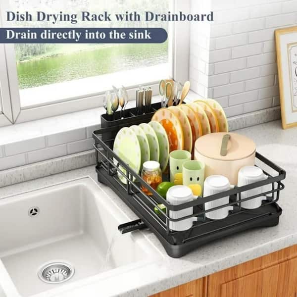 INNOBULE Black Dish Drying Rack, Stainless Steel Dish Rack for Sink, with Drainboard, Rustproof with Utensil Holder