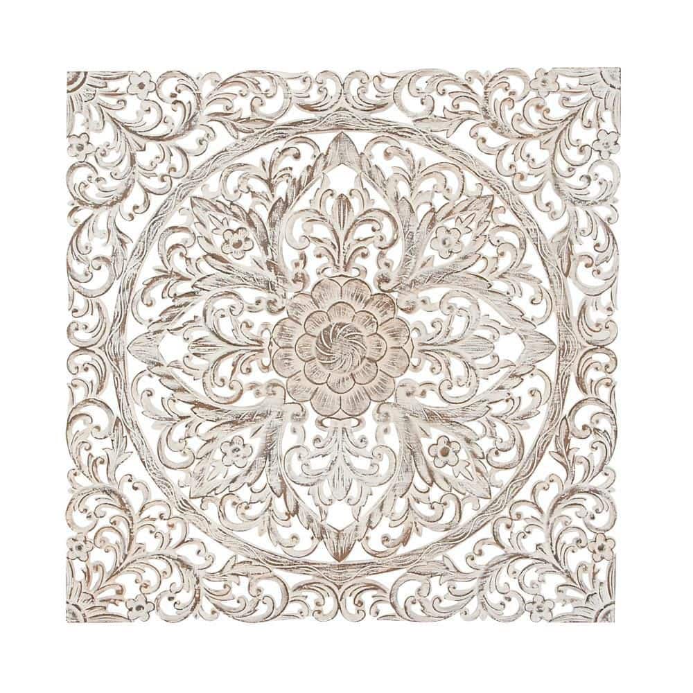 Brown and White Carved Floral Mandala Wood Wall Decor