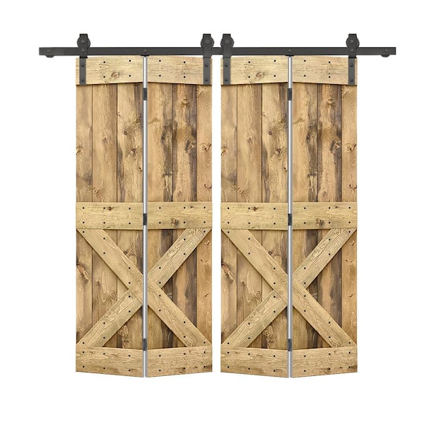 CALHOME 56 in. x 84 in. Mini X Solid Core Weather Oak-Stained DIY Wood Double Bi-Fold Barn Doors with Sliding Hardware Kit