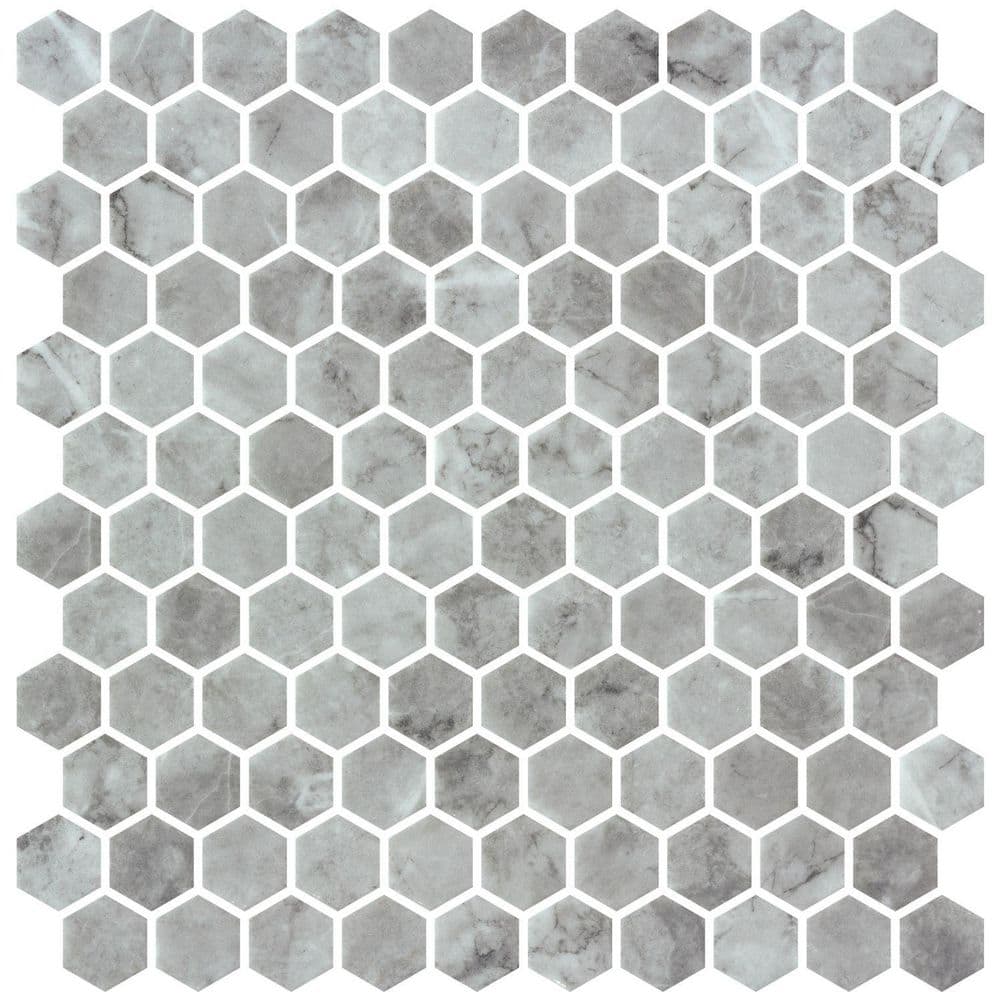 Vargal Keir Gray 1 in. x 1 in. Honeycomb Marble Look Glass Hexagon Wall and
