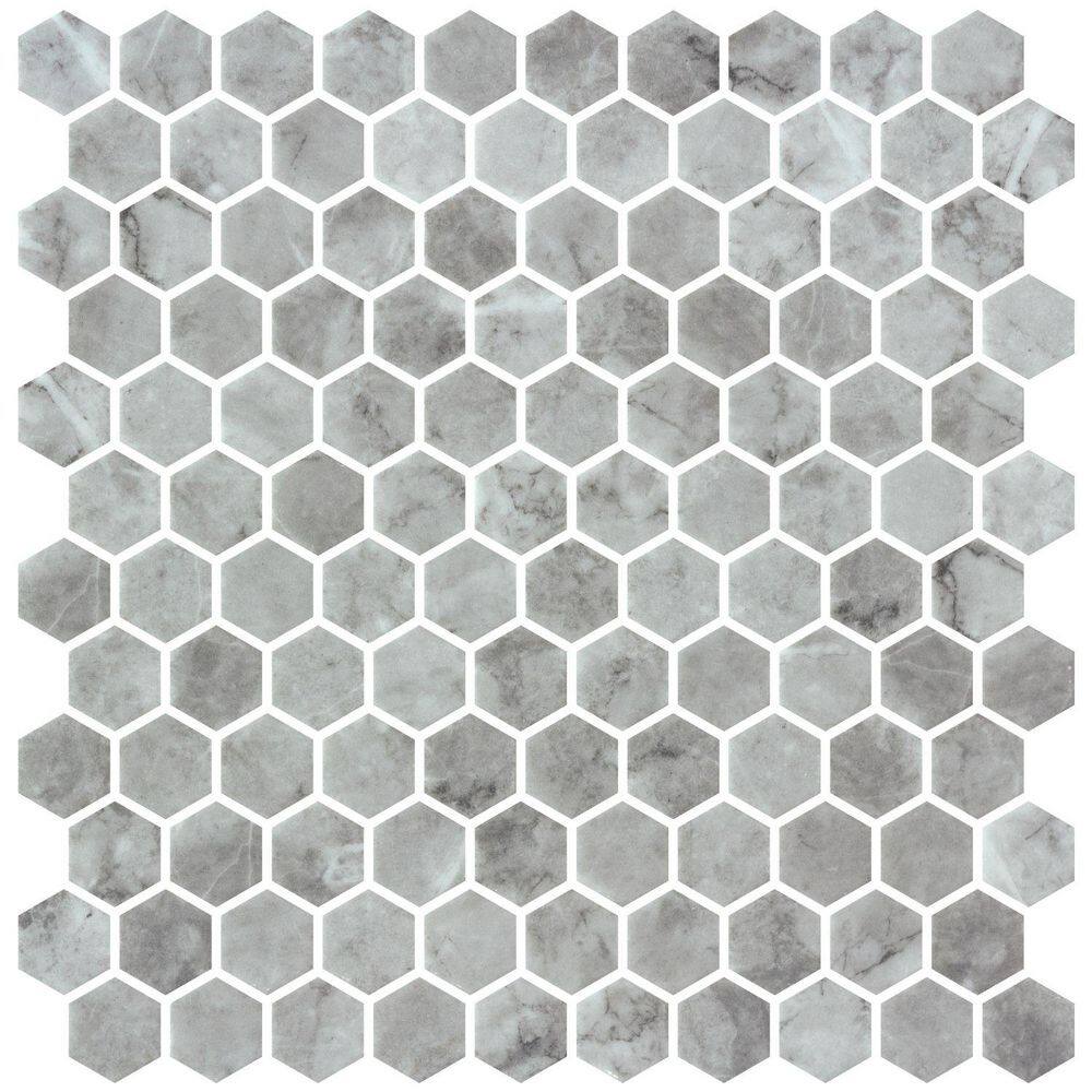 Vargal Keir Gray 1-in. x 1-in. Honeycomb Marble Look Glass Hexagon Wall and