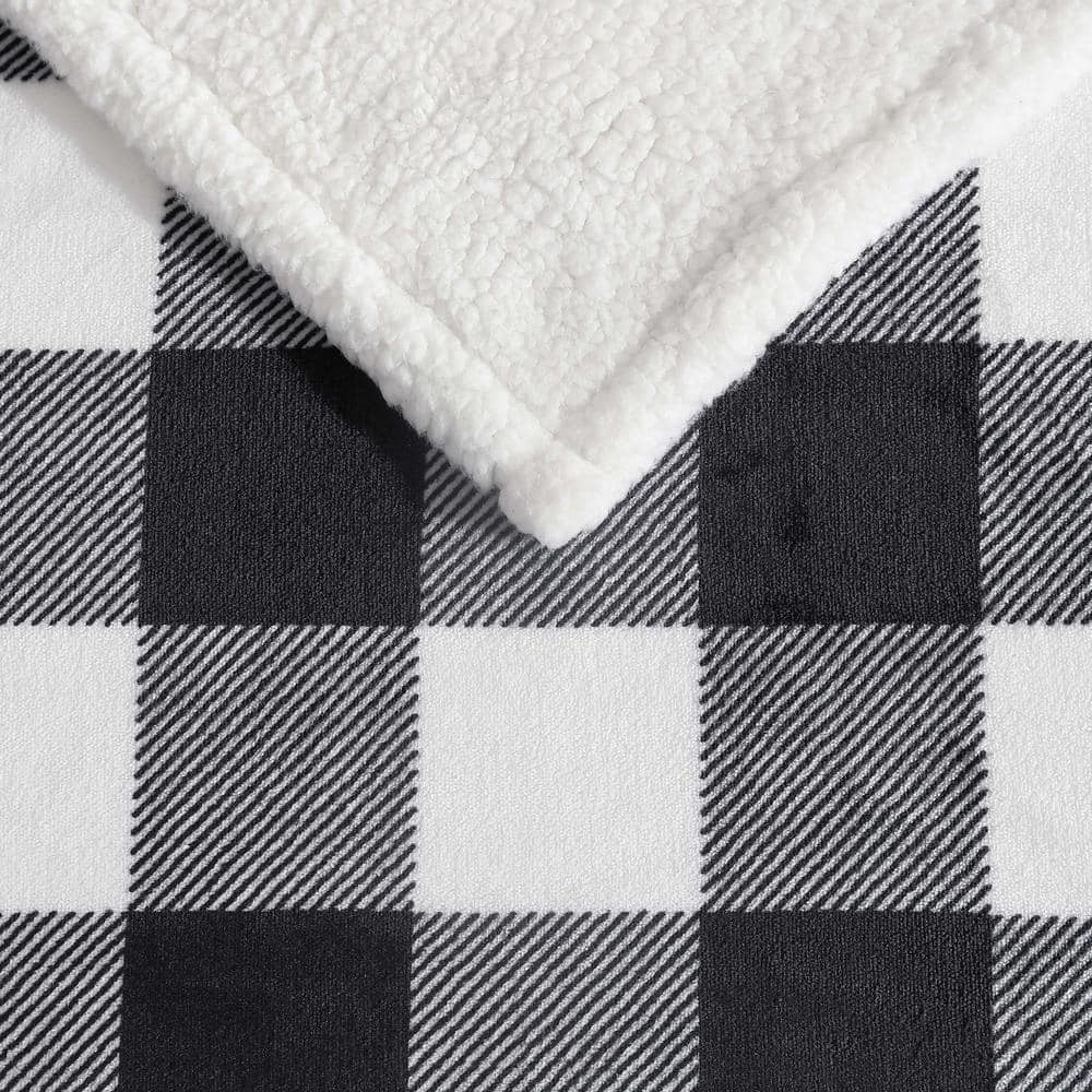 Reversible Sherpa Fleece Cotton Throw Blanket, Black/White