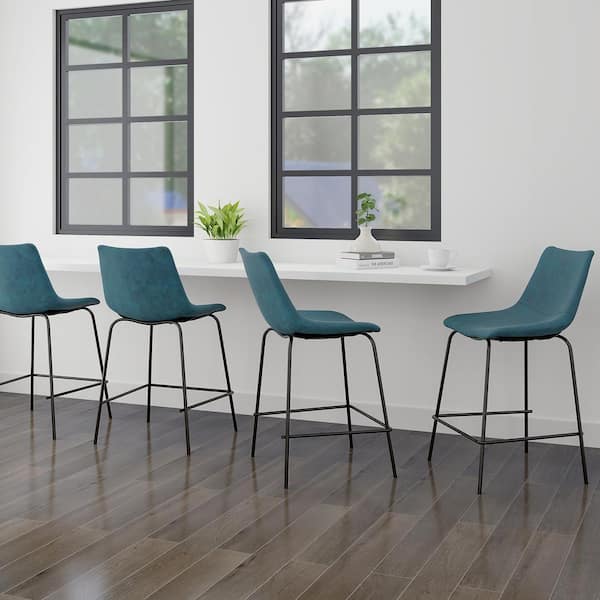 Maypex W 20.5 in. x Seat Height 24 in. Indigo PU Low Back with Matte Black Metal Legs Counter and Bar Stool (Set of 2)