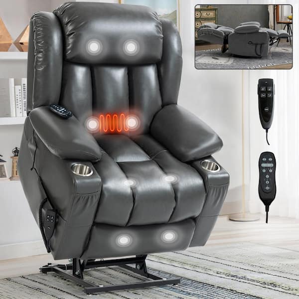 Dual Motor Leatheraire Power Lift Recliner Chair with Vibration Massage and Lumbar Heating, Cup Holders-Grey