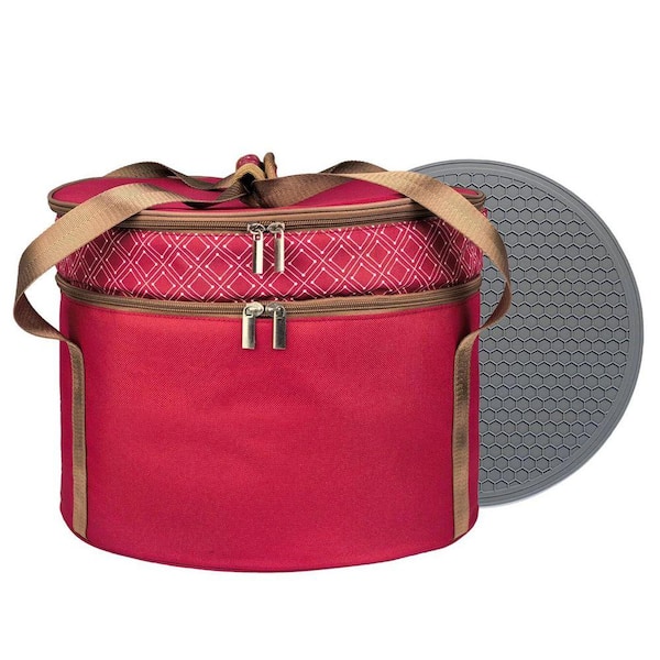 Red Double Layer Insulated Casserole Carrier Pie Carrier with Holder for Hot and Cold Food Transport