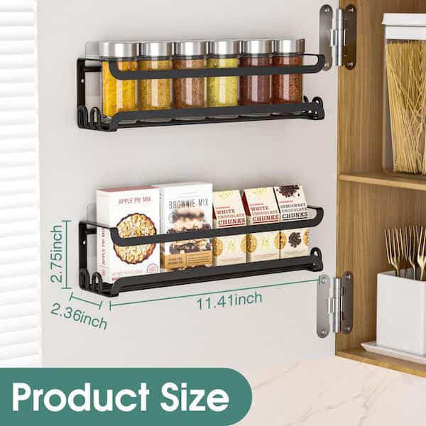 Wall Mounted Spice Rack with 8 Hooks for Kitchen, RV, Stove, Cabinet, and Pantry Door Organization, Black (2-Pack)
