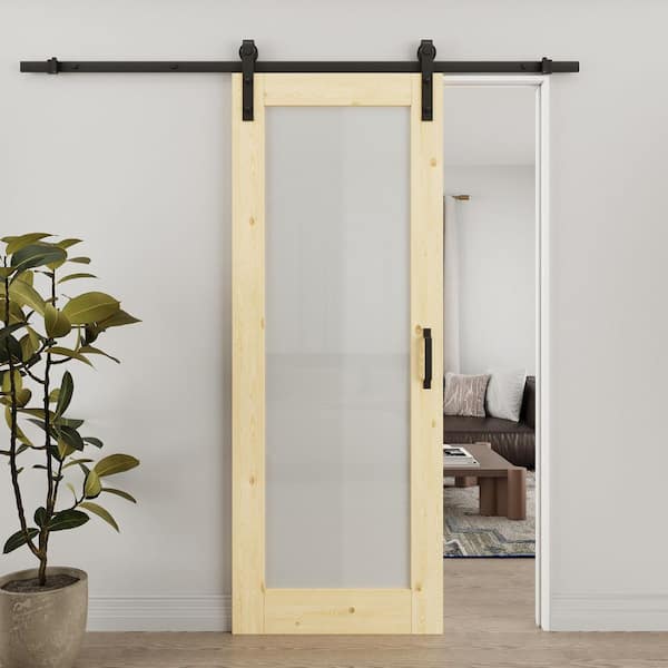 30 in. x 96 in. 1-Lite Tempered Frosted Glass Unfinished Solid Core Pine Wood Sliding Barn Door with Hardware Kit