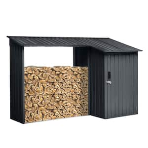 8.86 ft x 3.35 ft Black Outdoor Storage Metal Shed, Steel Firewood Rack, Two-In-One (153 sq. ft. )