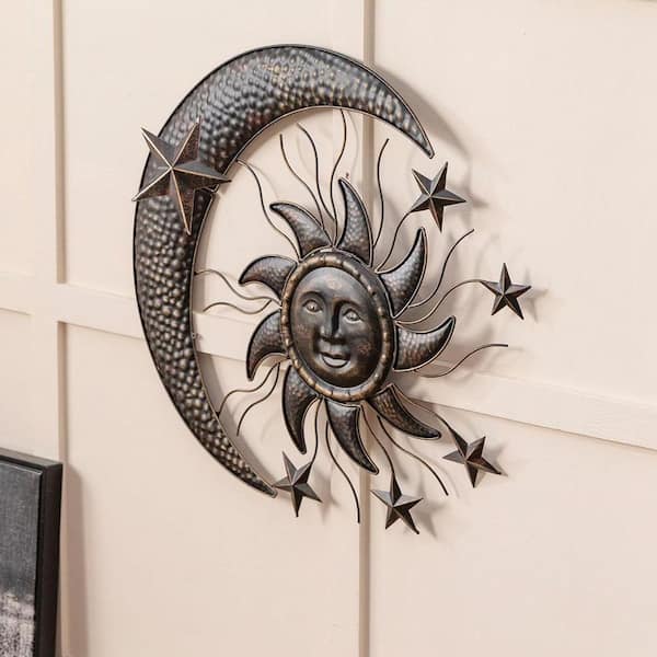 27 in. W x 25 in. H Black Metal Outdoor Sun Moon 3D Wall Sculpture