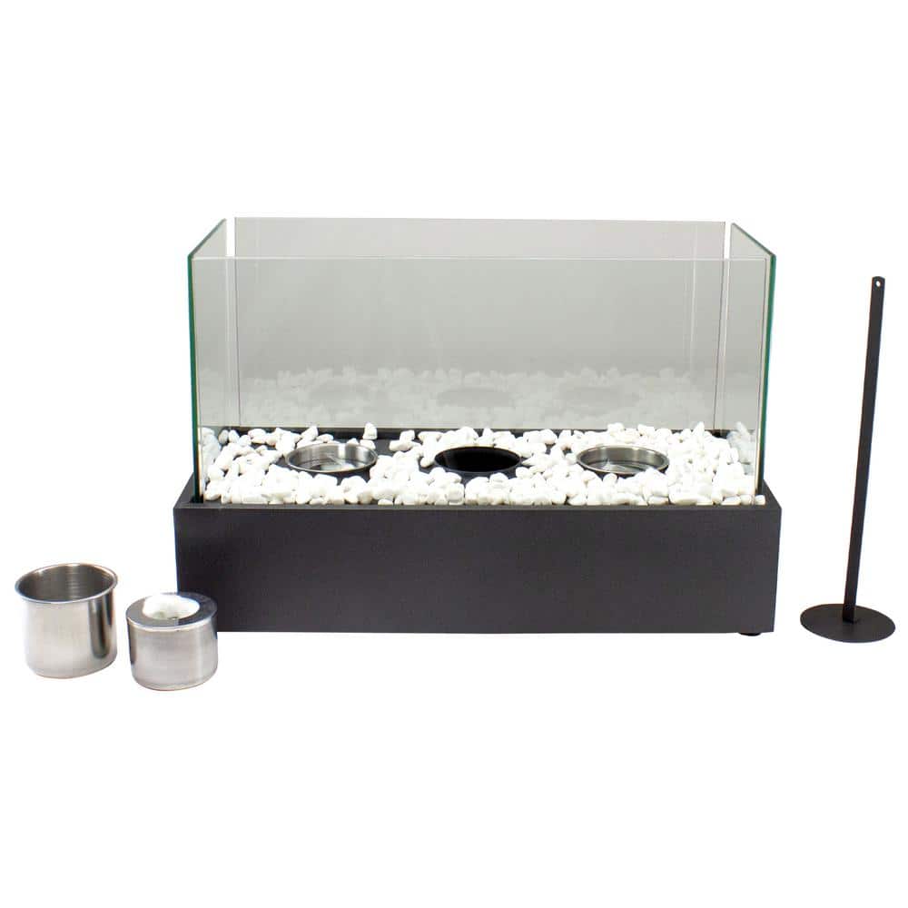 Black Bio Ethanol Ventless Tabletop Triple Fireplace with Glass Panels