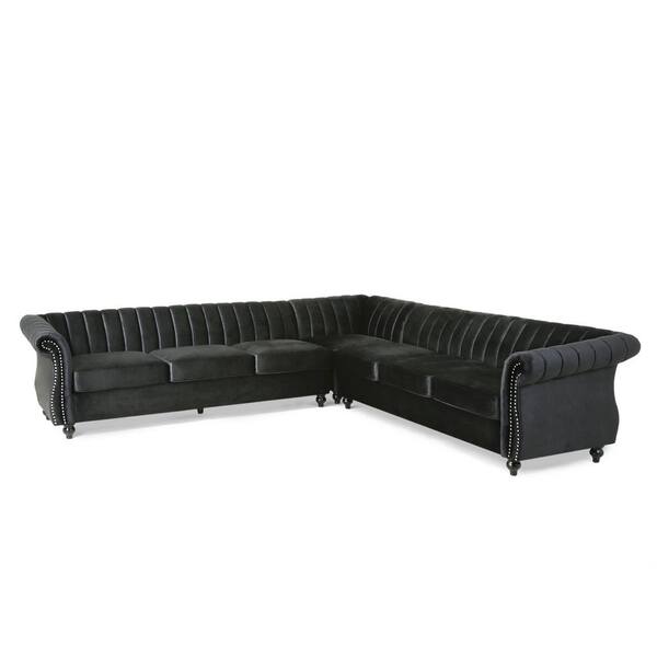 Noble House Lockbourne 109.75 in. Flared Arm 3-Piece L-Shaped Polyester Sectional Sofa in Black
