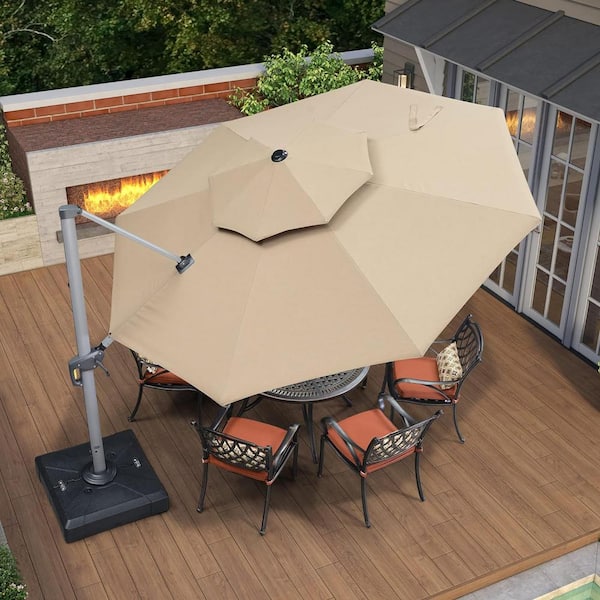 PURPLE LEAF 11 ft. Sunbrella Aluminum Octagon 360° Rotation Silvery Cantilever Outdoor Patio Umbrella With Base, Beige