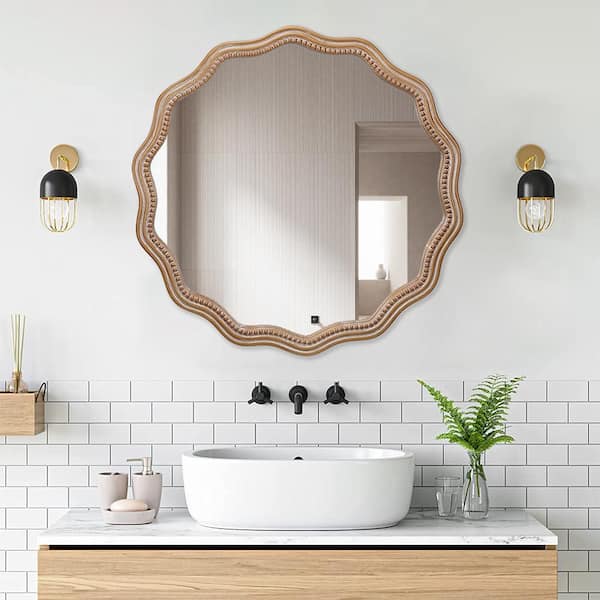Antique Natural 23.63 in W x 23.63 in. H Art Deco Round Wood Framed Mirror Wall Mirror Wall Decor Mirror