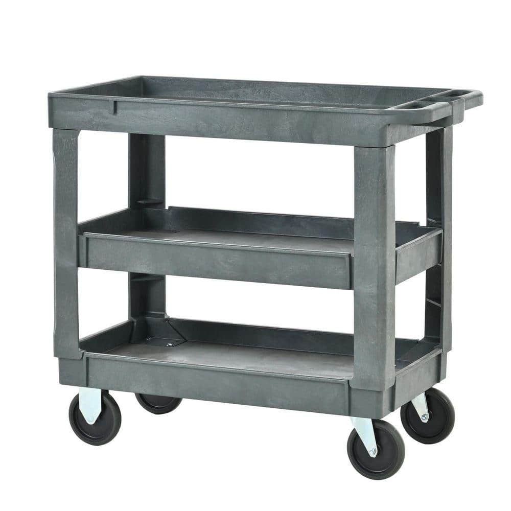 3-Tier 600 lbs. Capacity Plastic Heavy-Duty Utility Cart in Dark Gray with Locking Wheels and Handle