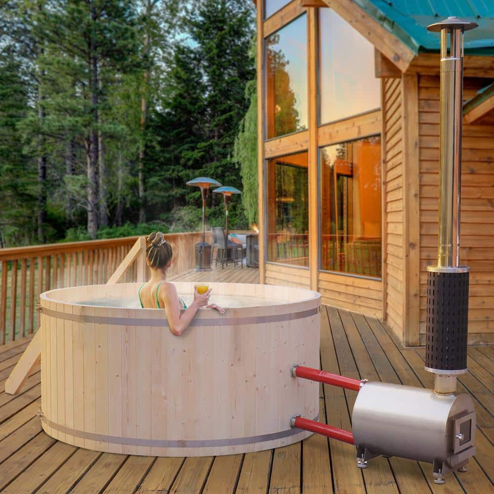 Round Pine Wood Fired Hot Tub and Ice Bath with Steps