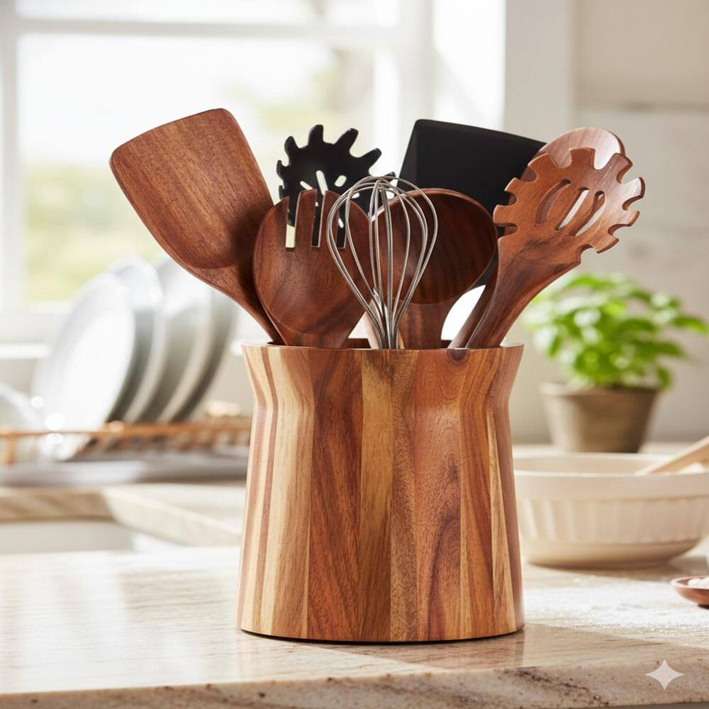Brown Natural Acacia Wood Kitchen Utensil Holder Crock w/ 360° Rotating Countertop Design Large Capacity Farmhouse Decor price history on PriceWatchPro