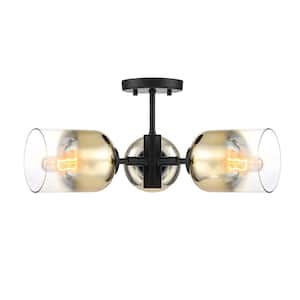 Gatsby 20.5 in. 3-Light Matte Black Mid-Century Modern Semi Flush Mount with Gold Ombre Shades for Bedrooms