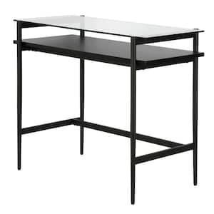 Eaton 36 in. Rectangular Blackened Bronze Metal and Glass Writing Desk with Black Woodgrain Shelf