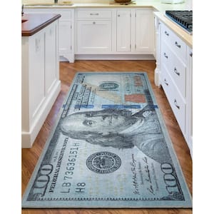 Money Dollar Front Novelty Printed Green Blue 3 ft. 11 in. x 9 ft. 10 in. Runner Area Rug
