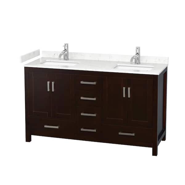 Wyndham Collection Sheffield 60 in. W x 22 in. D Double Bath Vanity in Espresso with Cultured Marble Vanity Top in White with White Basins