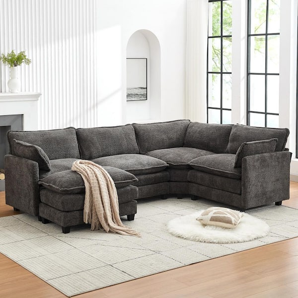 JEAREY 113.4 in. W Dark Gray Chenille Fabric Straight Arm L-Shaped Sectional Sofa Couch with Ottoman for Living Room