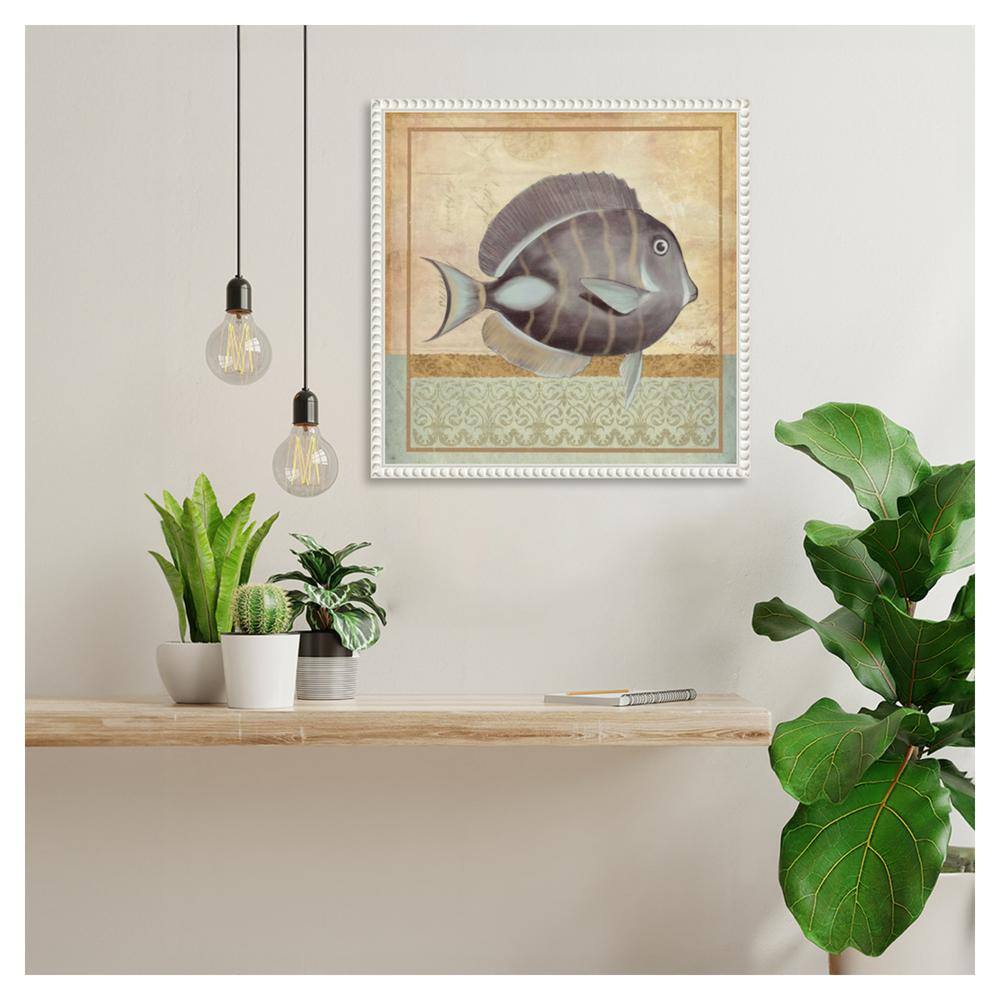Vintage Fish II Coastal Canvas Wall Art with White Beaded Frame