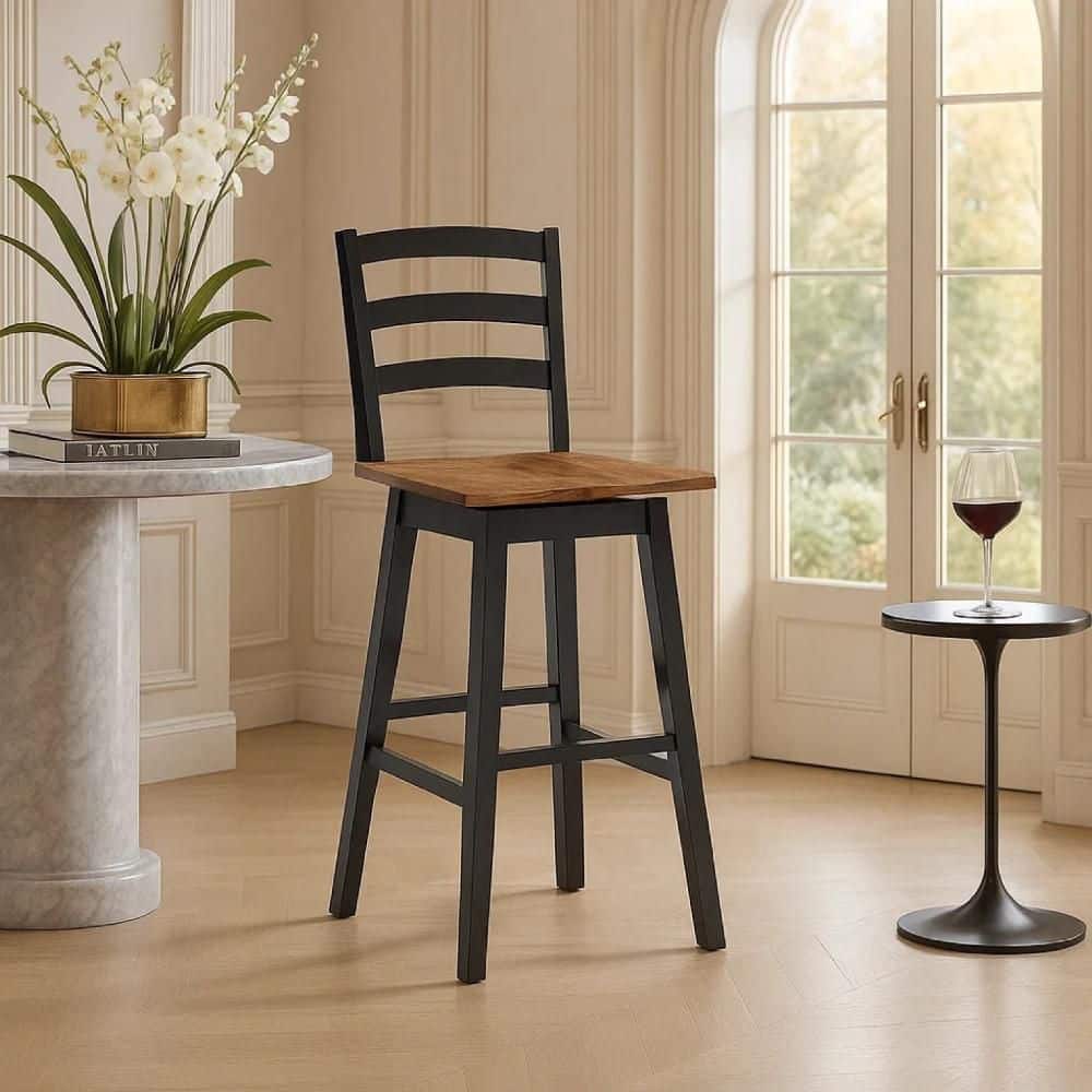 Fleur 30 in. H Brown and Black Low Back Solid Wood Swivel Bar Stool with Butcher Block Seat Set of 2 price history on PriceWatchPro