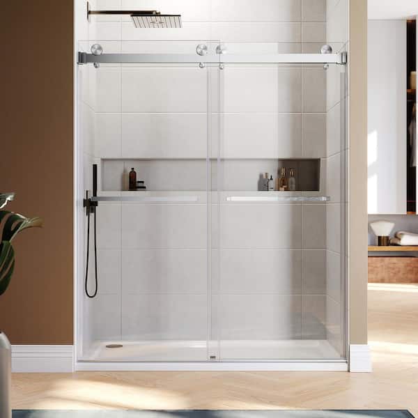 UNIKOO UKD01 56 to 58 in. W x 80 in. H Double Sliding Frameless Shower Door in Brushed Nickel, EnduroShield 3/8 in. Clear Glass