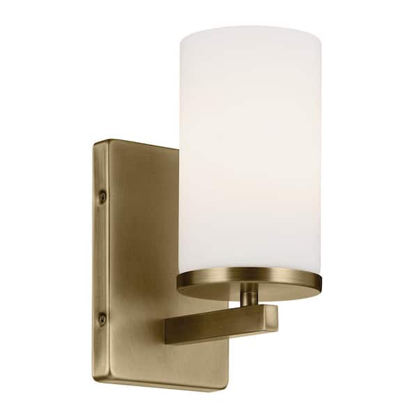 KICHLER Crosby 1-Light Natural Brass Bathroom Indoor Wall Sconce Light with Satin Etched Cased Opal Glass Shade