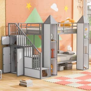 Castle Style Gray and White Twin over Twin Metal Bunk Bed with Storage Staircases, Wardrobe, Multiple Shelves