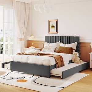 Gray Wood Frame Full Size Upholstered Platform Bed with 2 Drawers and Twin Size Trundle